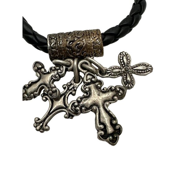 Romantic Goth Ornate Cross Bracelet Braided Leather Cord Edgy Religious Charm - Picture 4 of 8